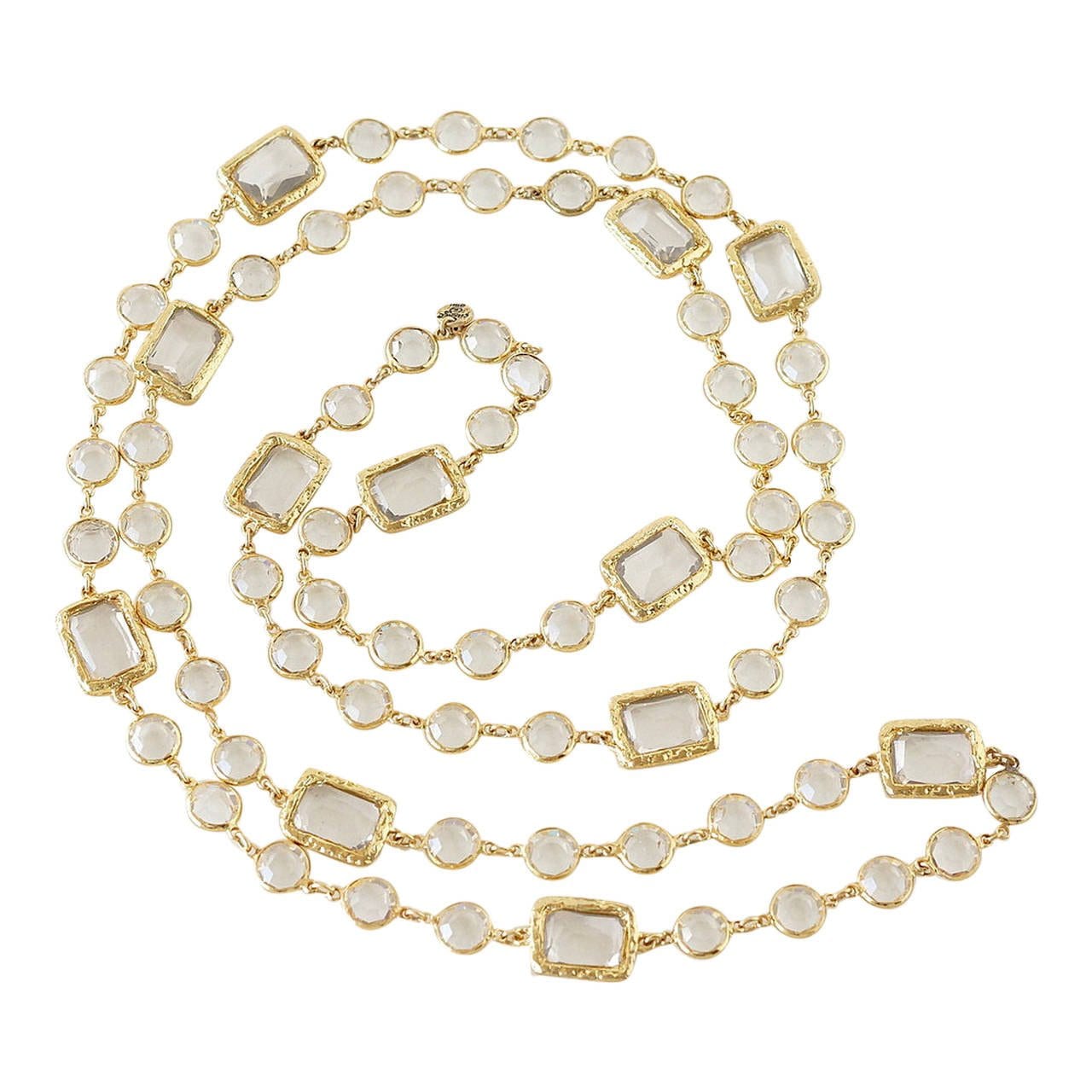 Chanel Paris 1981 Gold Plated Faux Pearl Crystal Chain Sautoir Necklace