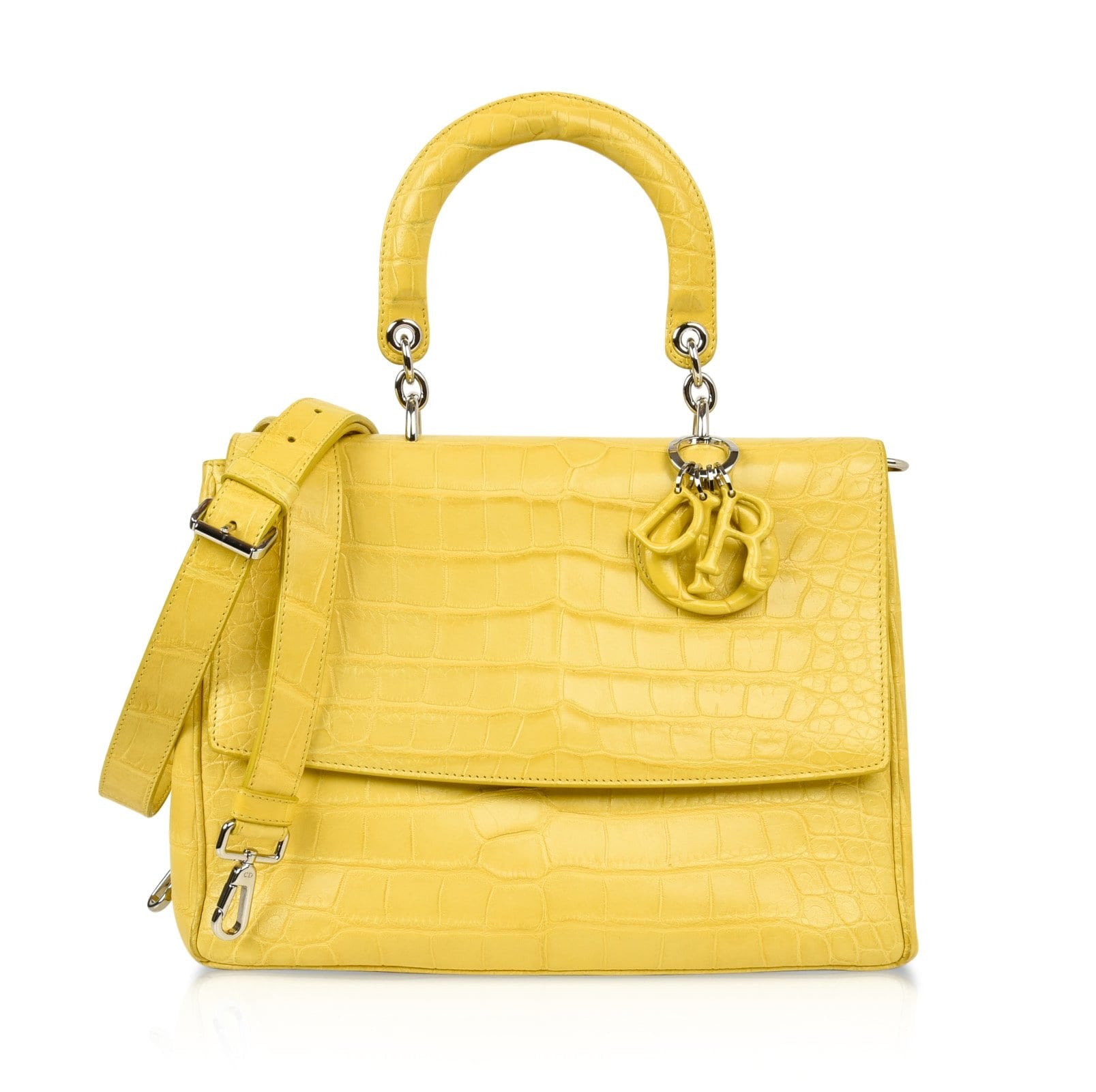 Christian Dior Be Dior Bag Matte Yellow Crocodile Double Flap Shoulder Strap Small - mightychic