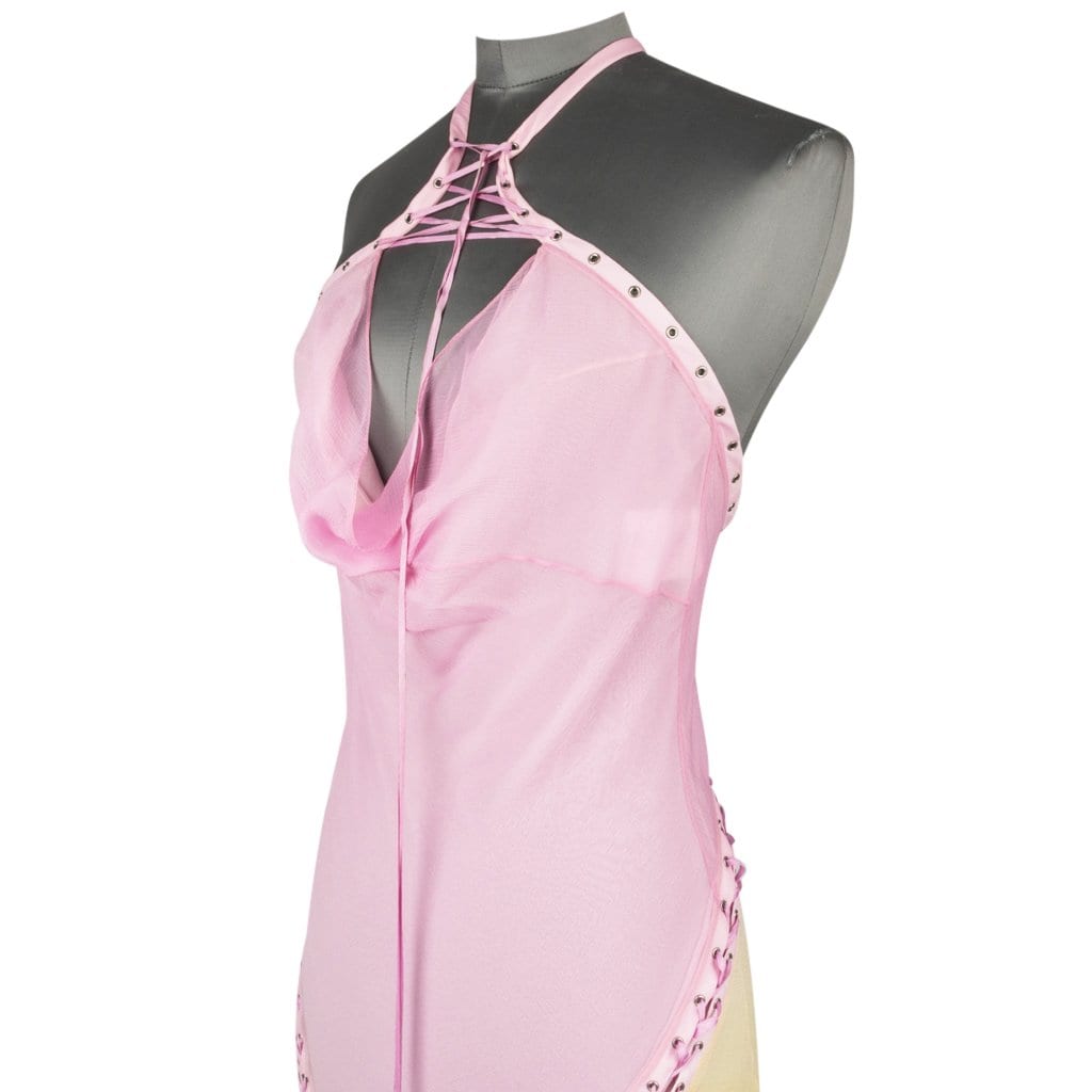Christian Dior Dress Pink Ombre to Yellow Silk Chiffon Halter Lace Up 40 / 8 - mightychic