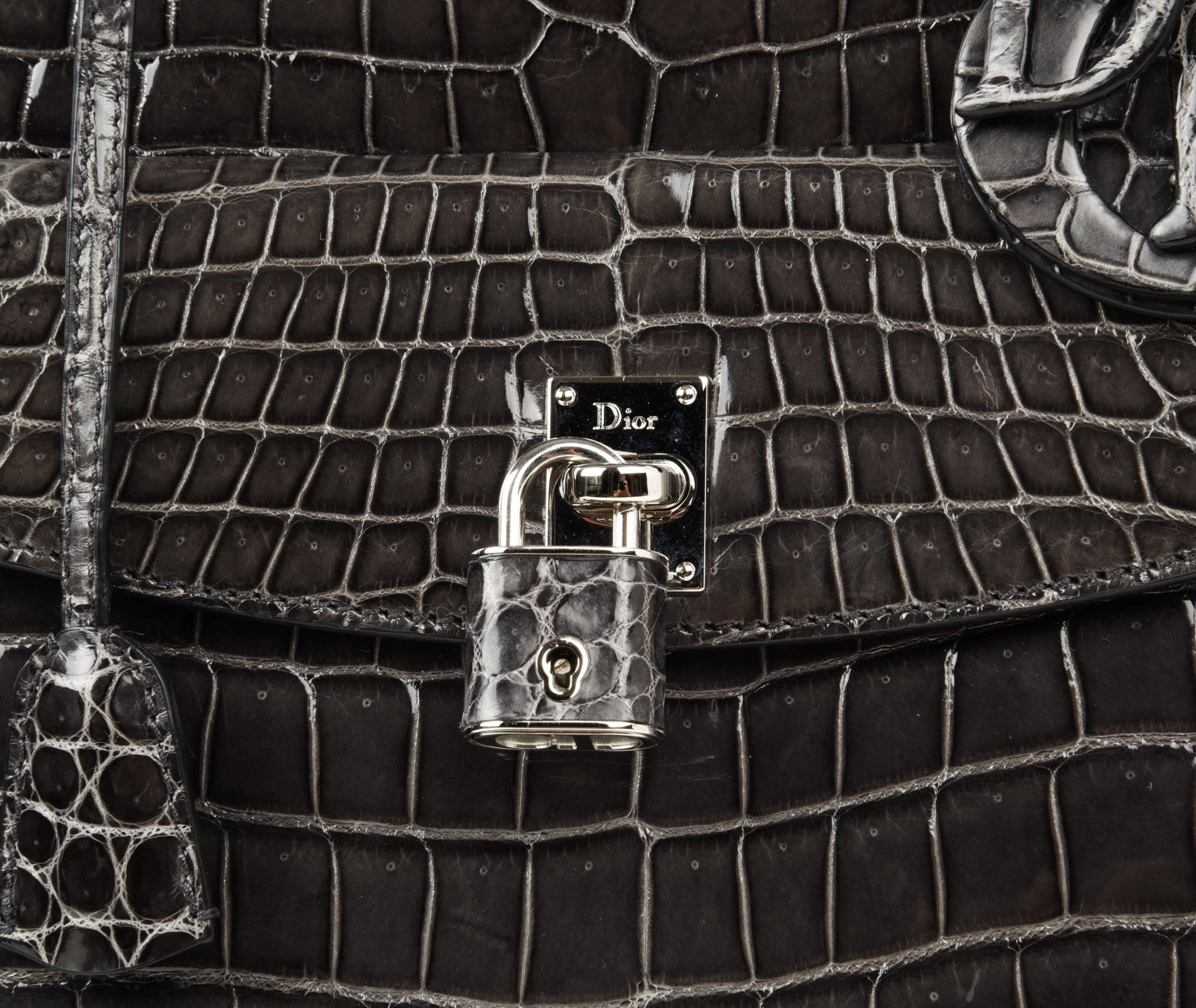 Christian Dior Bag Medium Lady Dior Front Pocket Gray Crocodile Shoulder Strap - mightychic