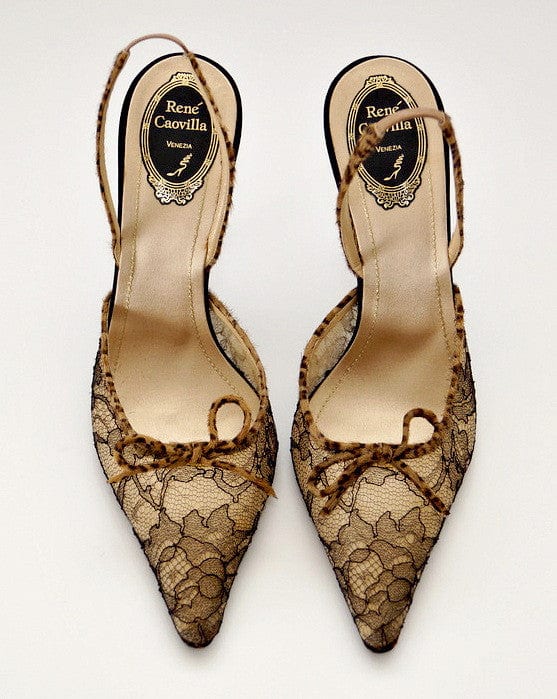 Rene Caovilla Shoe Lace Slingback Faux Fur Leopard Print Heel Bow  39.5 / 9.5 - mightychic