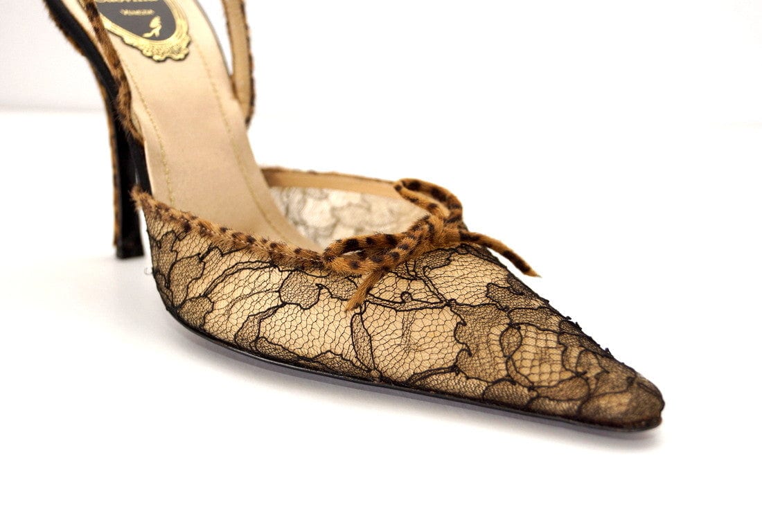 Rene Caovilla Shoe Lace Slingback Faux Fur Leopard Print Heel Bow  39.5 / 9.5 - mightychic