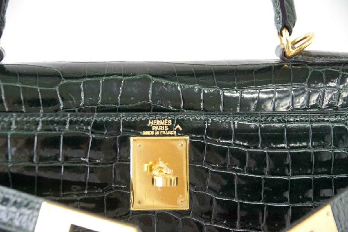 Hermes Kelly 28 Bag Exotic Vert Fonce Porosus Crocodile Gold – Mightychic