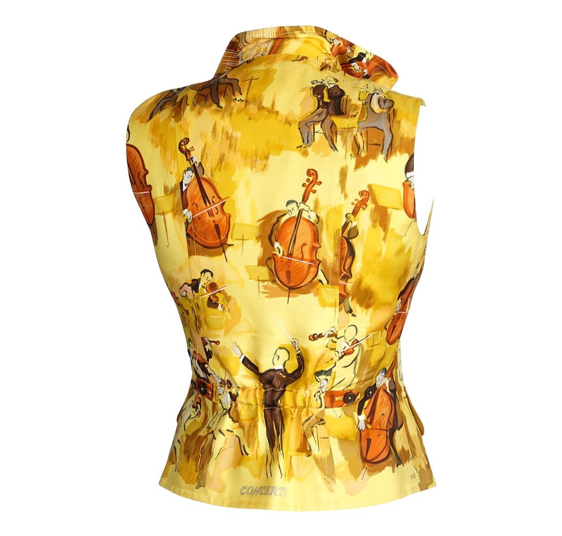 Hermes Vest Vintage Concerto Silk Print Zipper Front Yellow 38 / 4