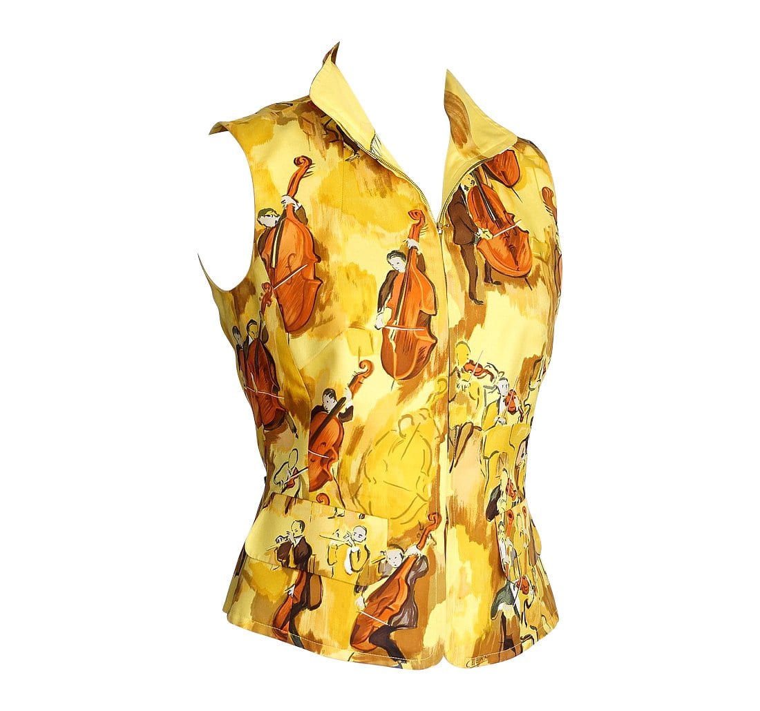 Hermes Vest Vintage Concerto Silk Print Zipper Front Yellow 38 / 4