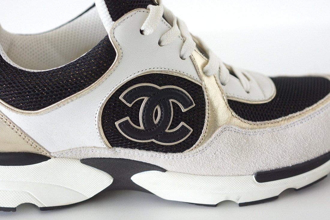 Chanel Shoe Sneaker Tennis White Leather Metallic Black Textile 39.5 / 9.5  Box
