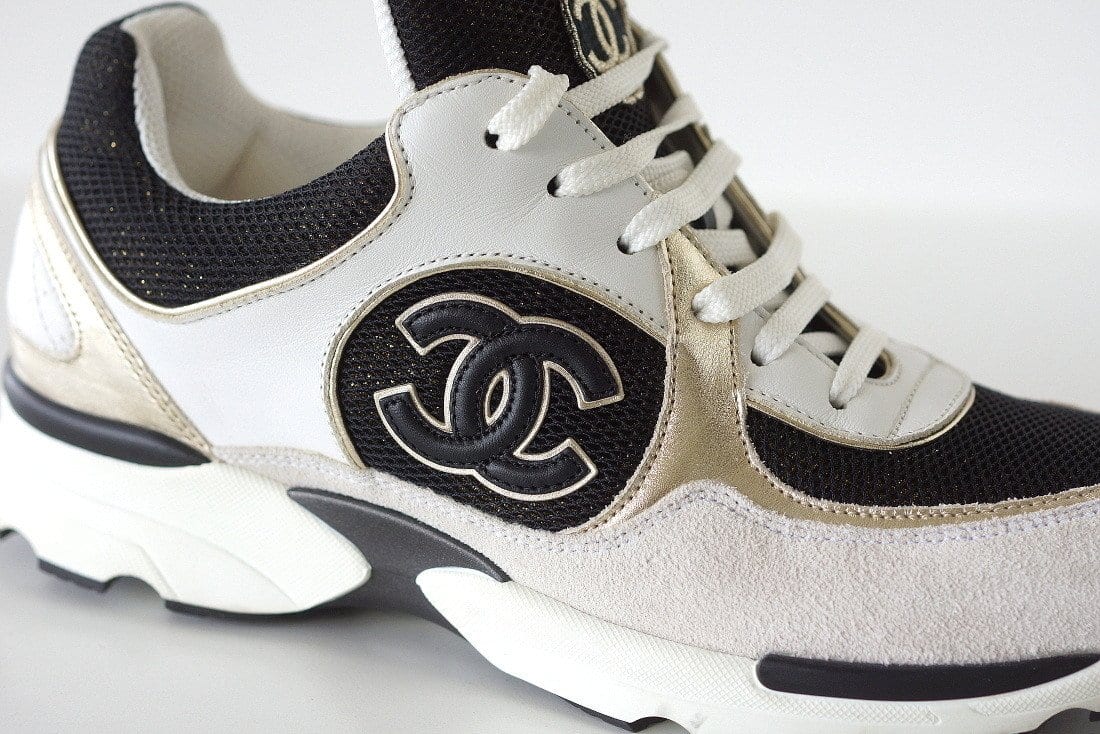 Chanel Shoe Sneaker Tennis White Leather Metallic Black Textile  39.5 / 9.5  Box - mightychic