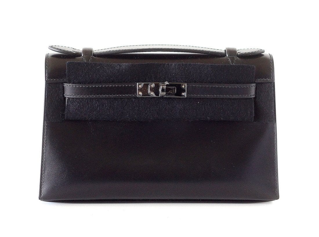 Hermes Kelly Pochette Clutch Bag Limited Edition So Black Box Leather Very Rare - mightychic