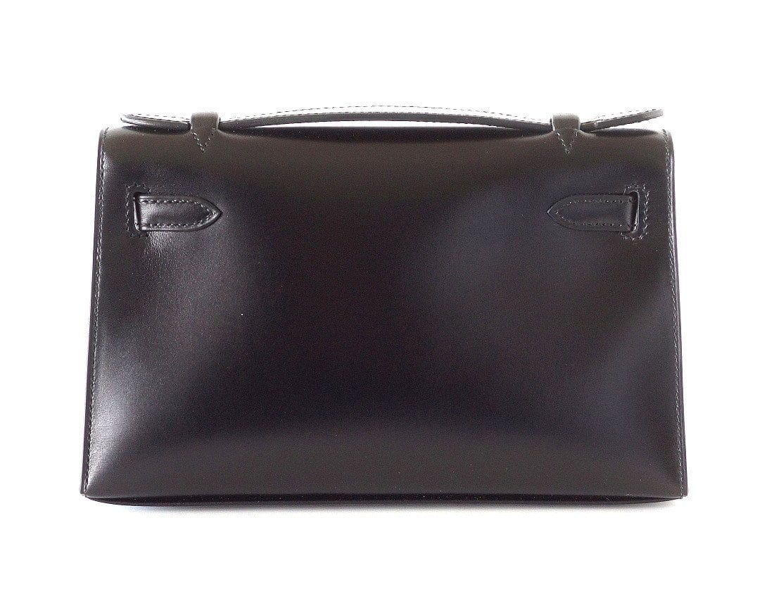 Hermes Kelly Pochette Clutch Bag Limited Edition So Black Box Leather Very Rare - mightychic
