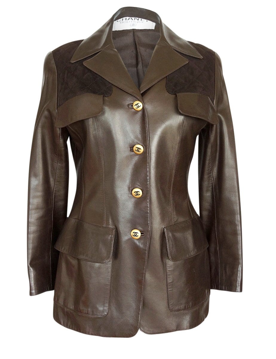 CHANEL 97A Vintage Excellent Olive Brown Wool Leather Trim Jacket