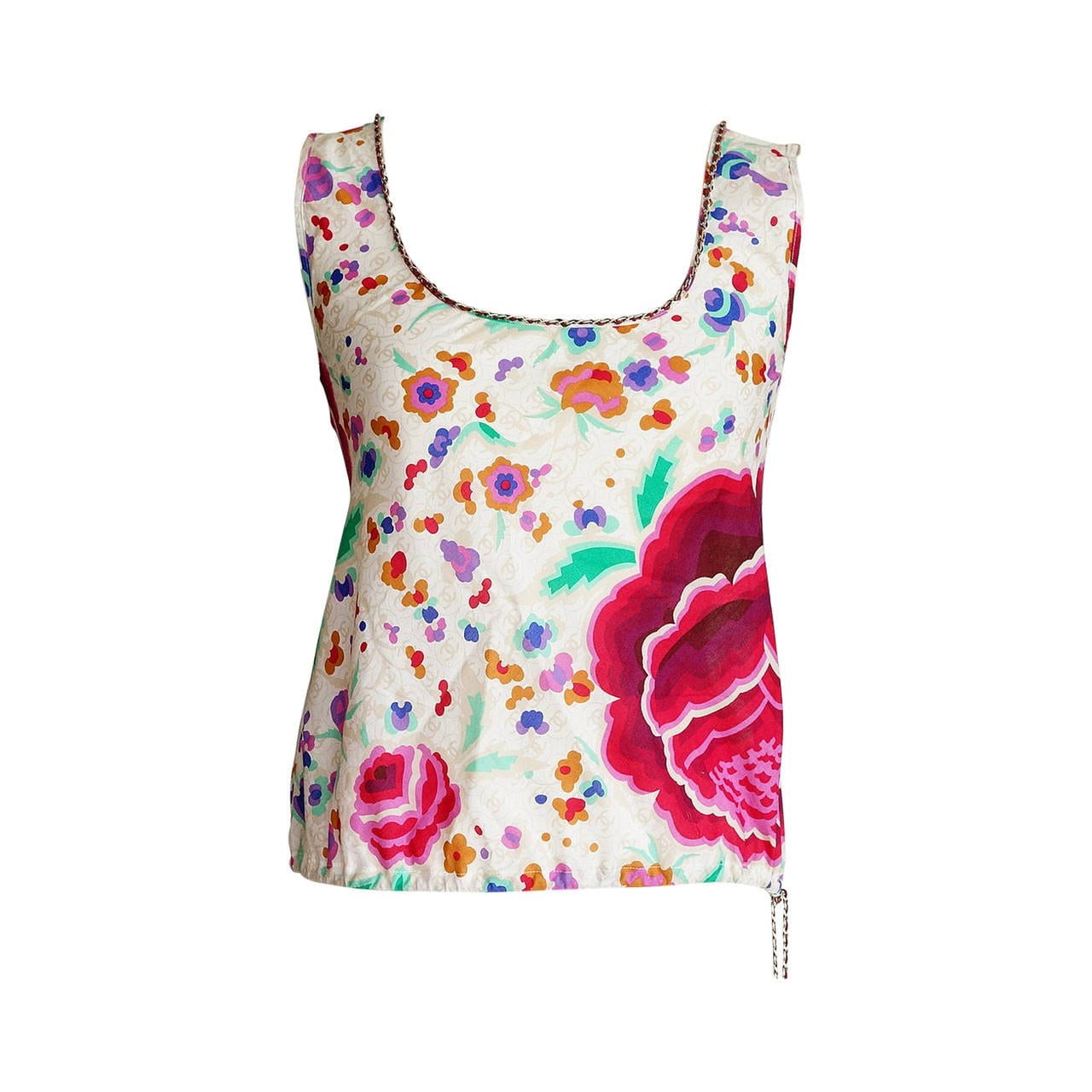 Chanel 04P Top Lush Flower Print Lots CC Signature Chain Detail 40 fits 4 to 6 - mightychic