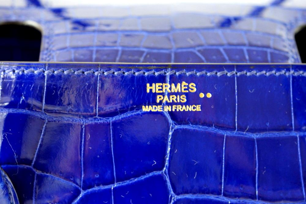 Hermes Drag Bag 26 Blue Electric Crocodile Gold Hardware VERY Rare - mightychic