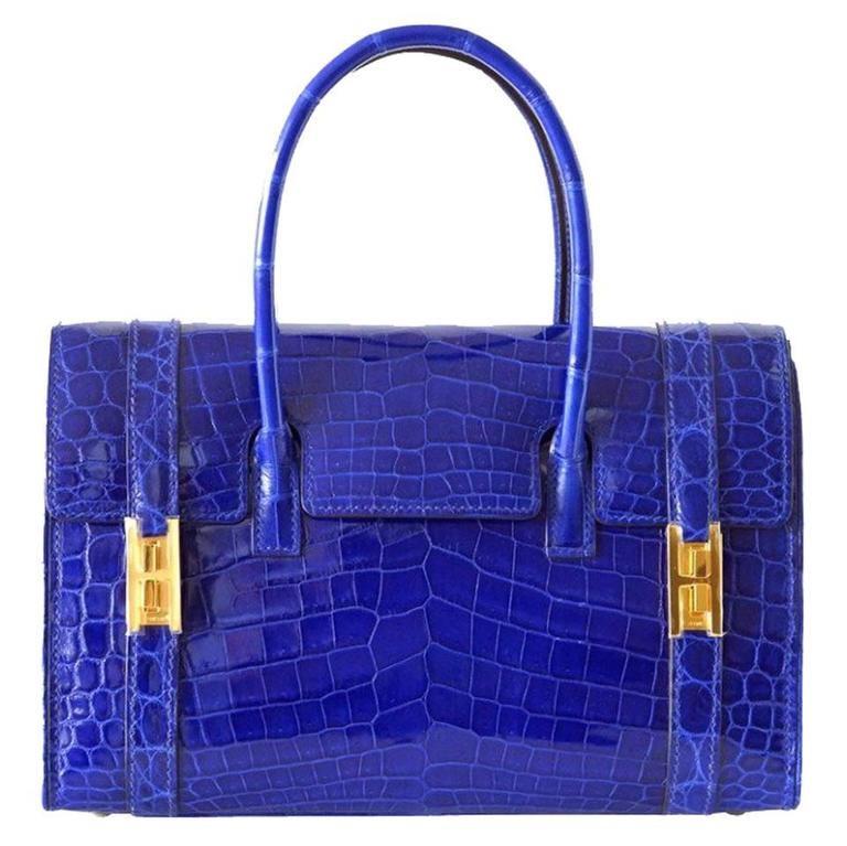 Hermes Drag Bag 26 Blue Electric Crocodile Gold Hardware VERY Rare - mightychic