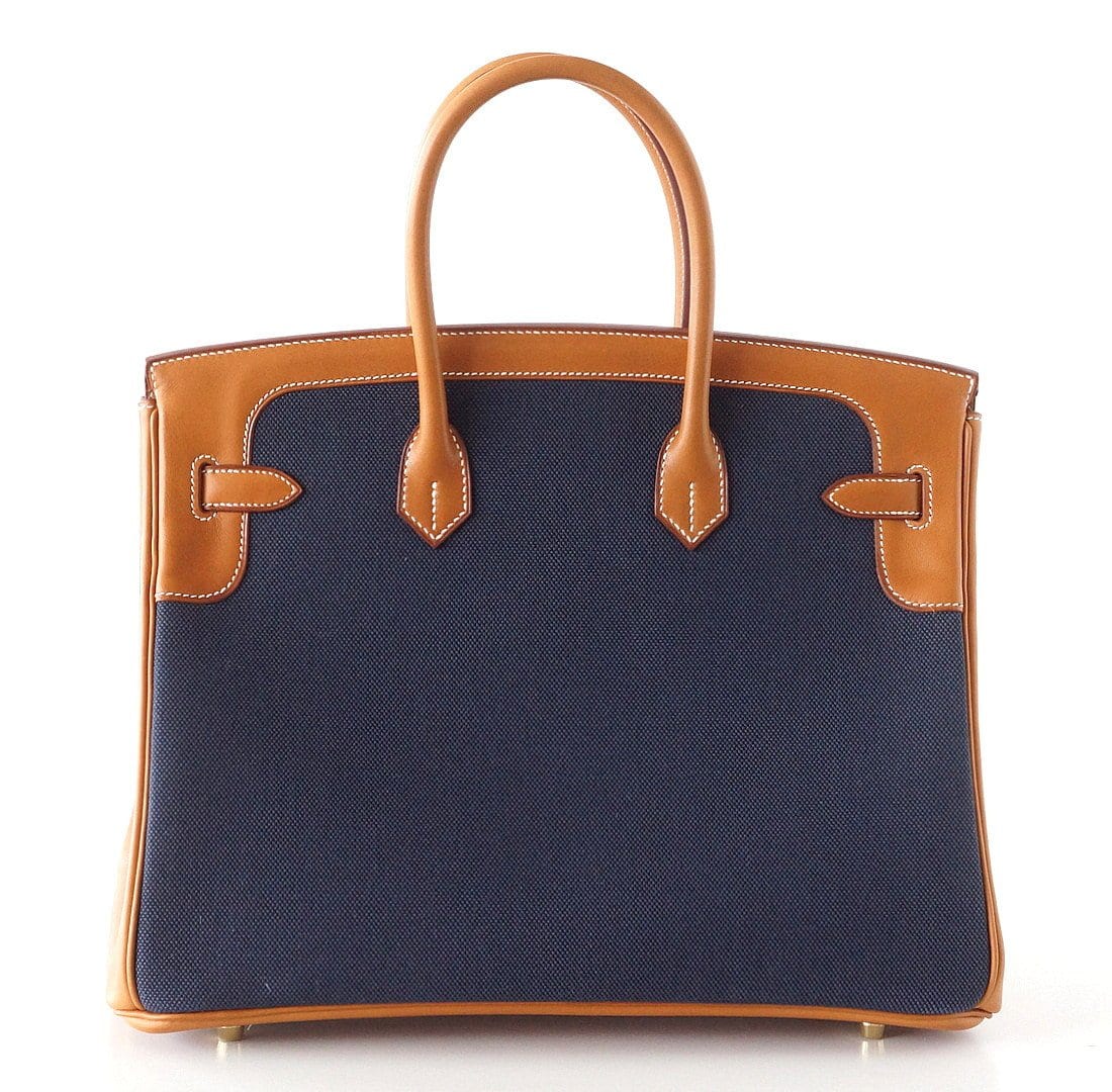 Hermes Birkin 35 Bag Blue Flag Toile Barenia Leather Permabrass Limited Edition - mightychic