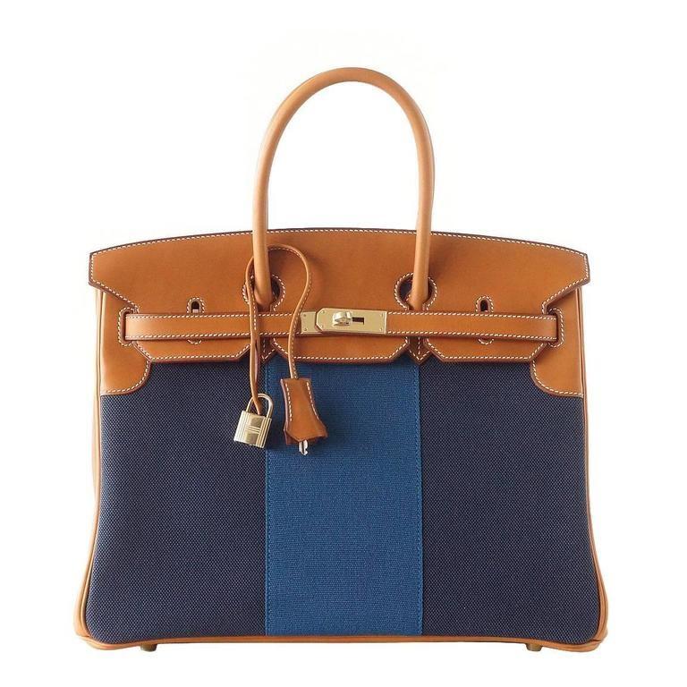 Hermes Birkin 35 Bag Blue Flag Toile Barenia Leather Permabrass Limited Edition - mightychic
