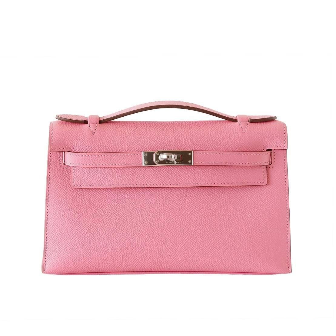 Hermes Kelly Pochette Clutch Bag Rose Confetti Pink Epsom Palladium - mightychic