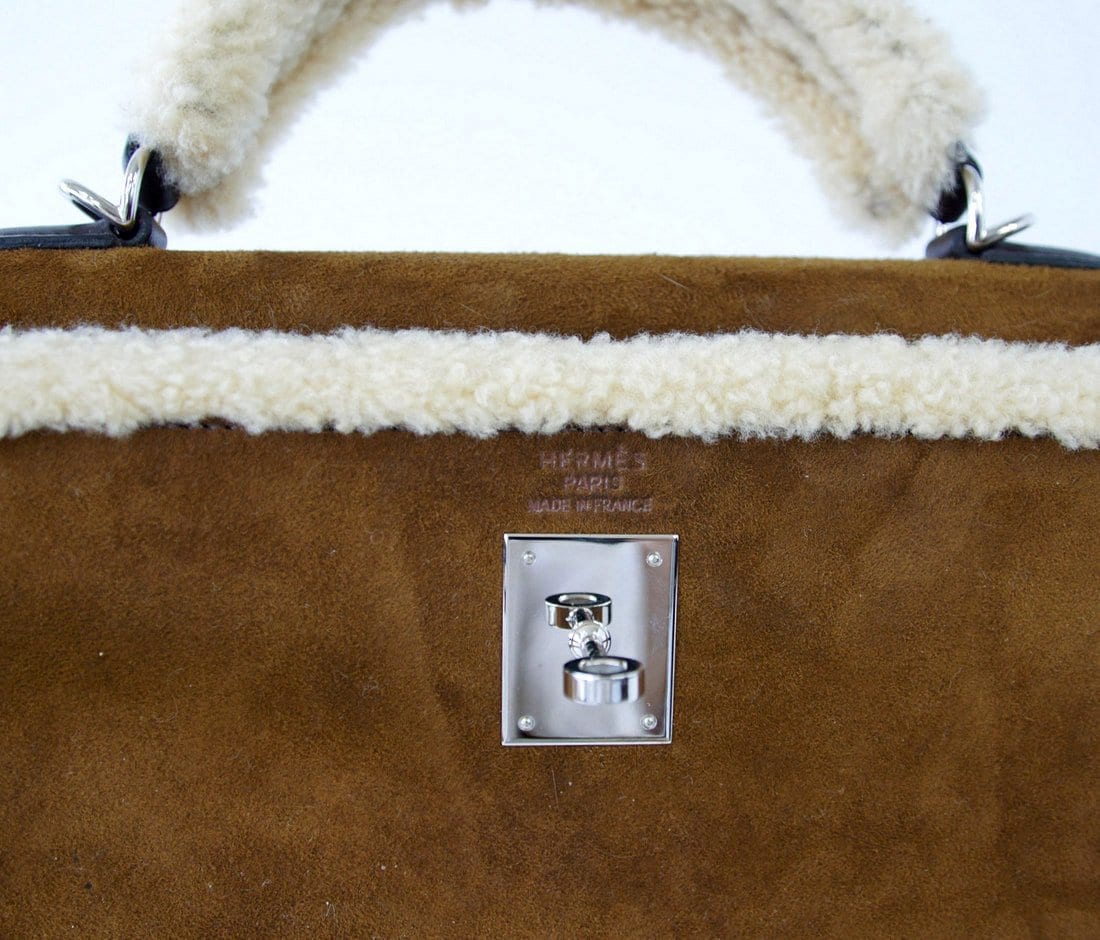 Hermès Teddy Kelly Clutch Barenia Leather & Mouton Shearling Palladium