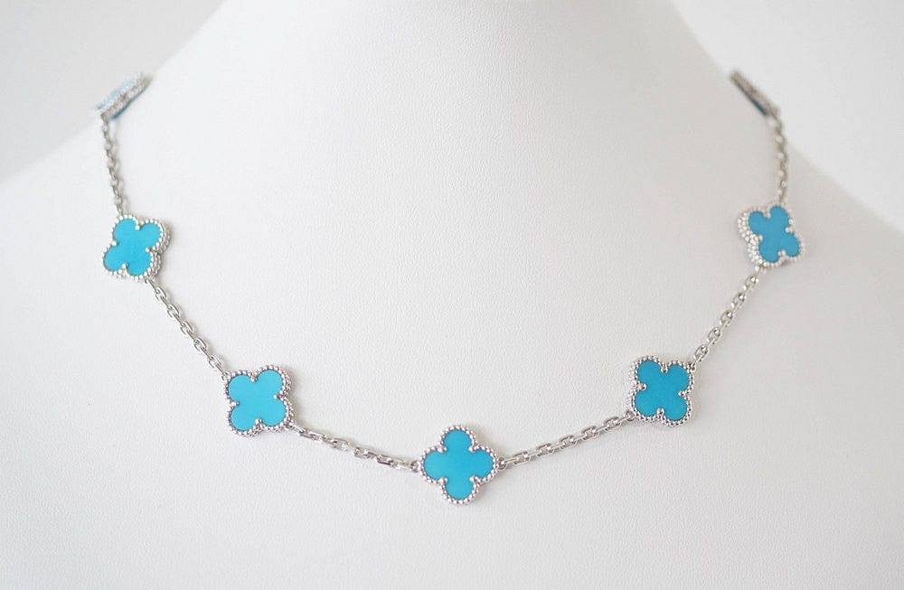 Van Cleef & Arpels Necklace Turquoise Vintage Alhambra 10 Motif 18K White Gold - mightychic