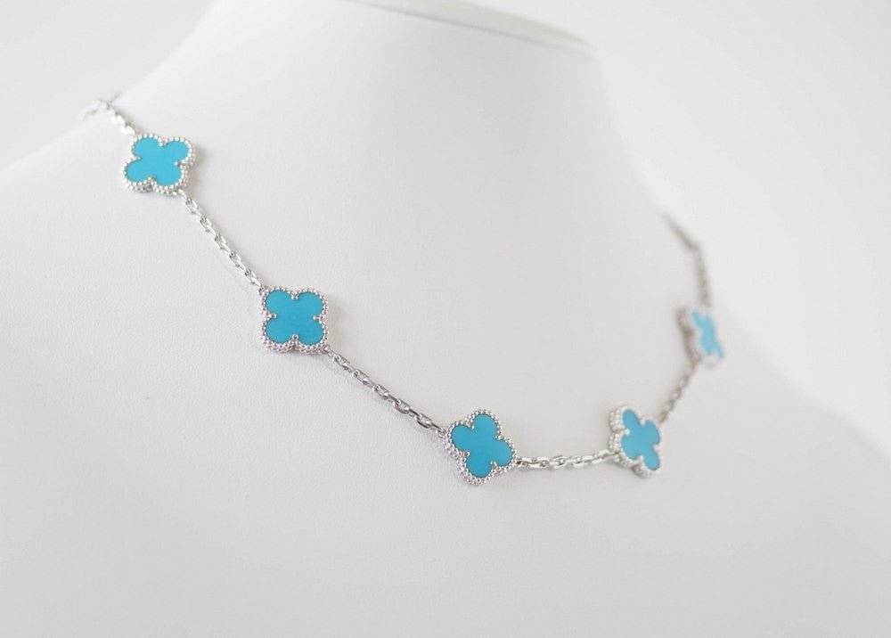 Van Cleef & Arpels Necklace Turquoise Vintage Alhambra 10 Motif 18K White Gold - mightychic