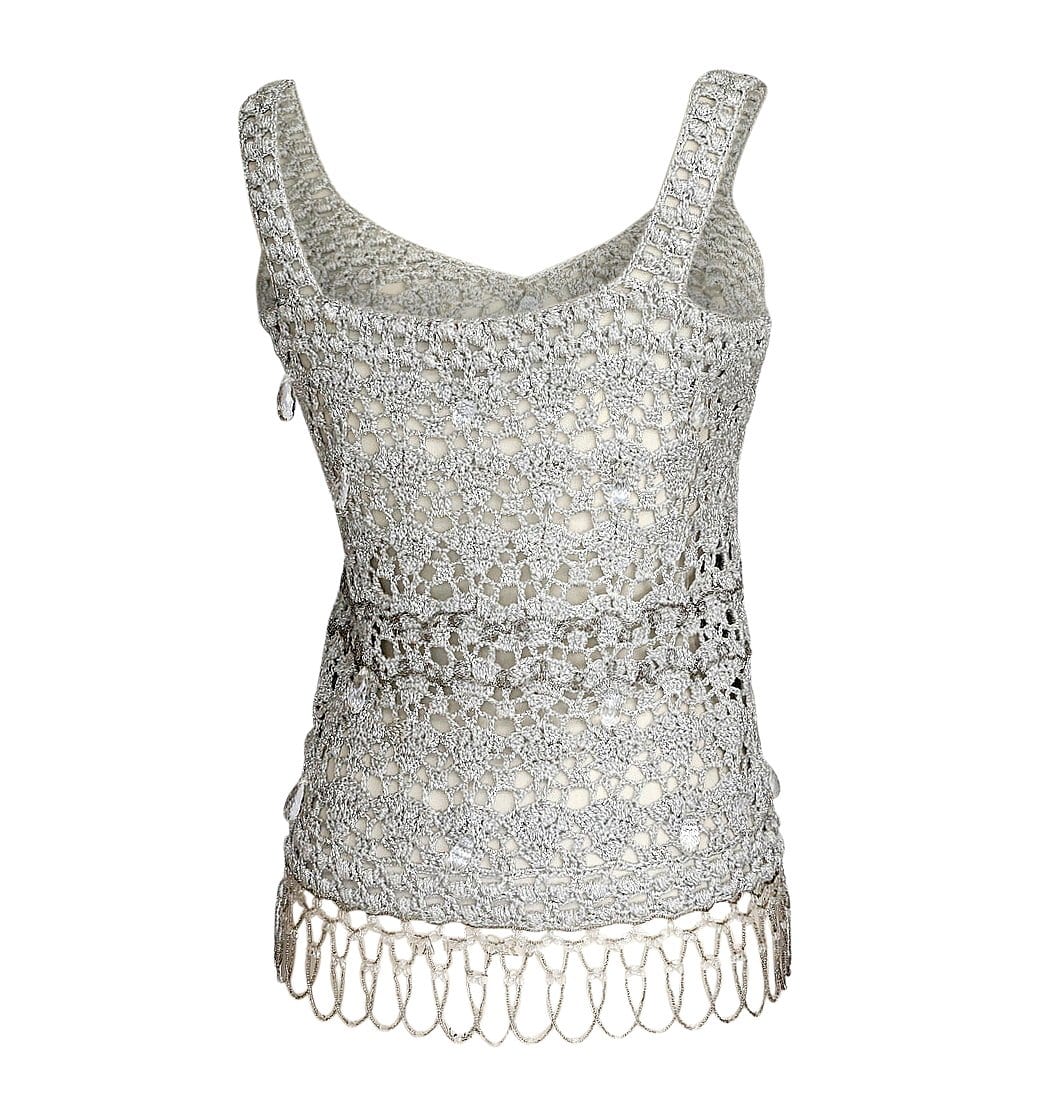 John  Galliano Top Silver Crochet Faceted large Crystals Beading detail M - mightychic