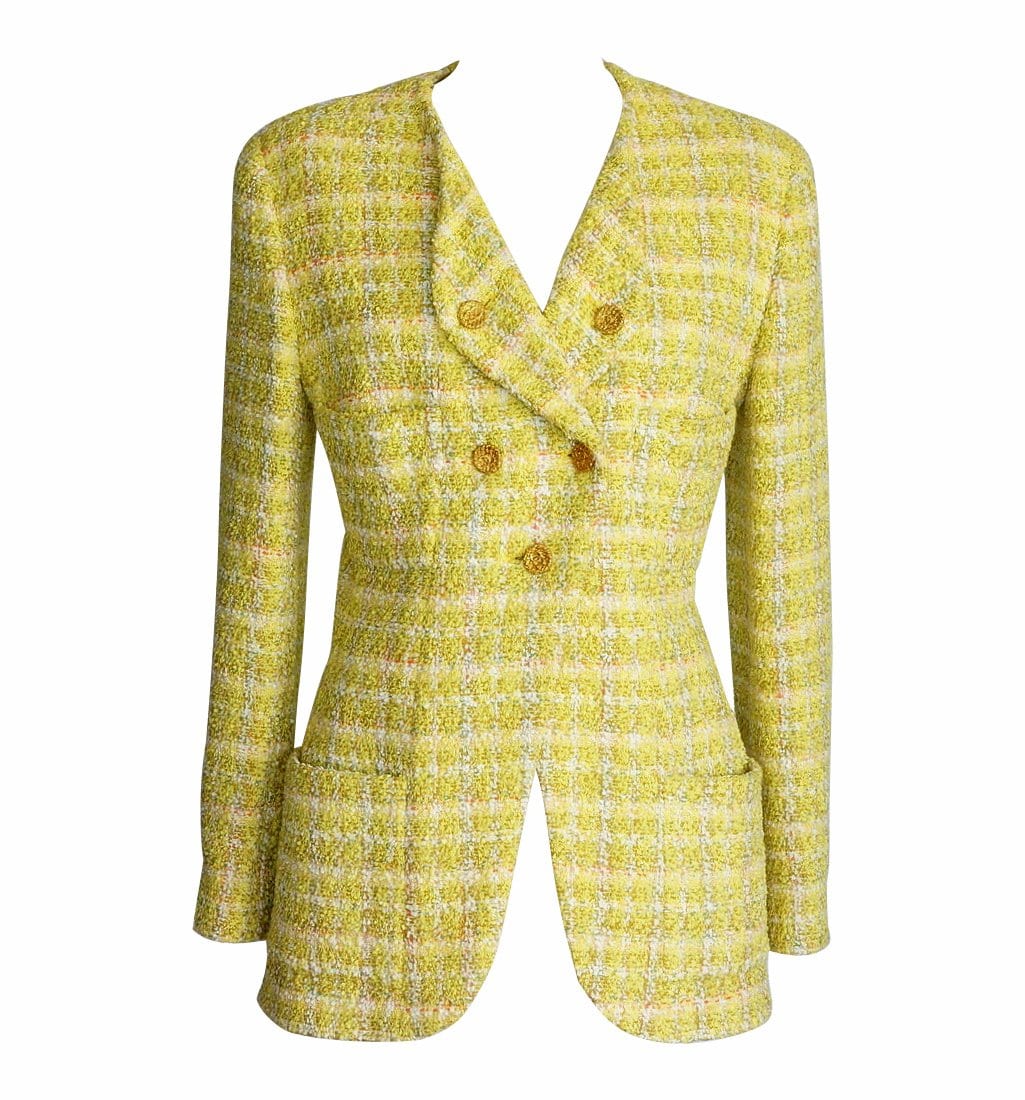 Chanel Jacket Yellow Fantasy Tweed Gold CC Buttons Vintage Fits 8 –  Mightychic