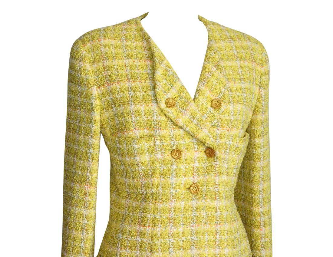 Sold' CHANEL 96P Yellow Pink Purple Tweed Silver CC Button Coat Jacket 34
