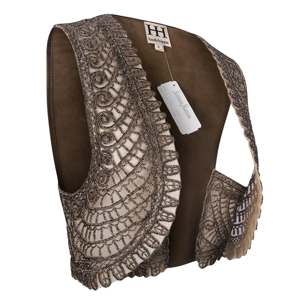 Haute Hippie Vest Intricate Beaded Bronze Lace / Leather S