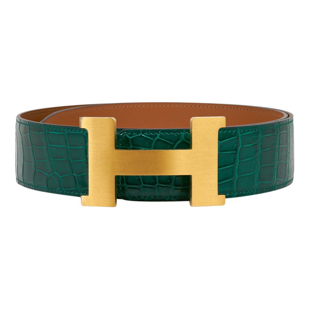 Hermes Emerald Porosus Crocodile / Brushed Gold Buckle Constance 42mm Belt 80