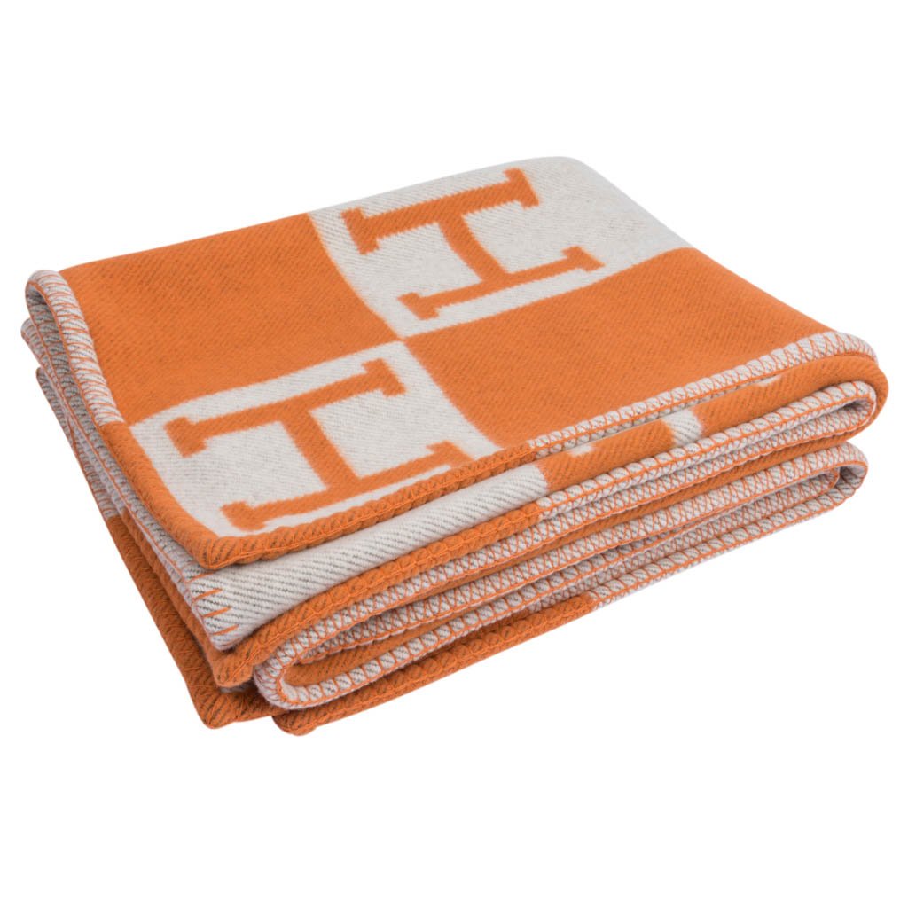 Hermes Avalon Ecru and Pumpkin Signature H Blanket