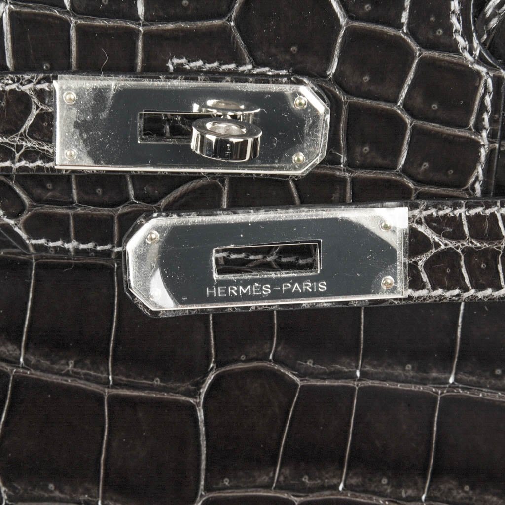 Hermes Birkin 35 Bordeaux Porosus Crocodile Bag Palladium Hardware •  MIGHTYCHIC • 