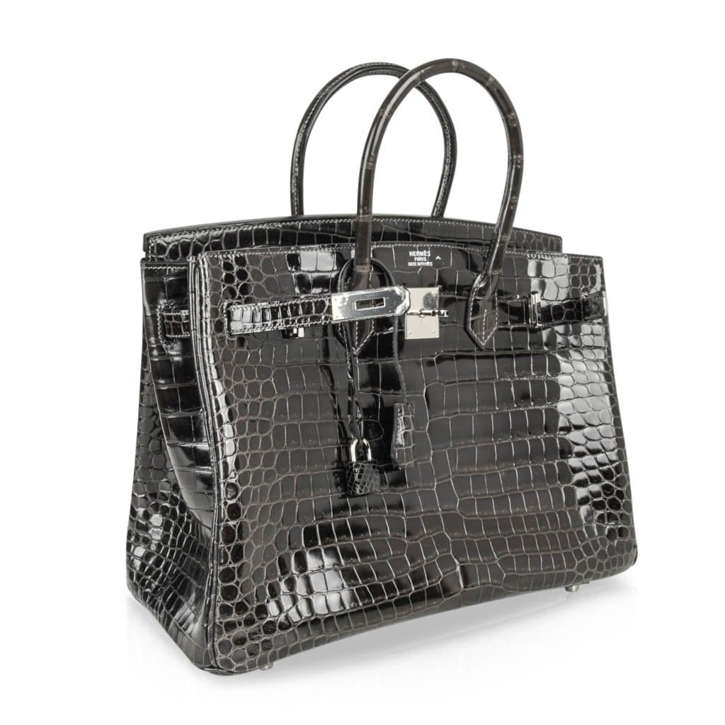 Hermes Noir Black Crocodile Palladium Birkin 25 Handbag