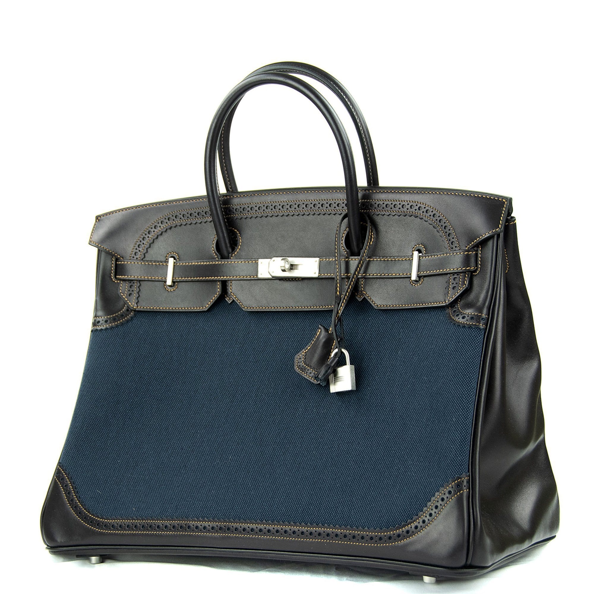 Hermes Birkin 40 Ghillies Denim Fonce Toile / Black Evercalf Bag Limited Edition