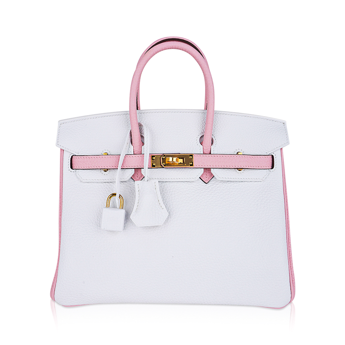 Hermes Special Order HSS Birkin 25 Bag in Rose Sakura & White Clemence Leather with Gold Hardware