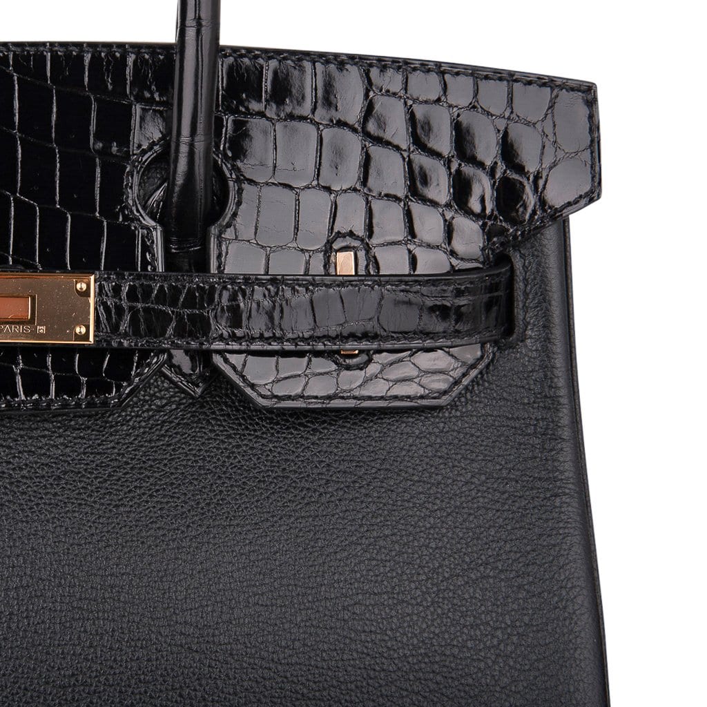 Hermes Birkin 30 Touch Bag Black Crocodile / Black Leather Rose Gold Hardware