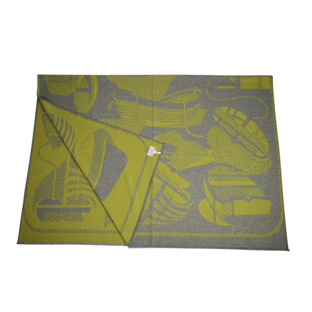 Hermes Blanket Thalassa Jacquard Merino Grey and Yellow new - mightychic