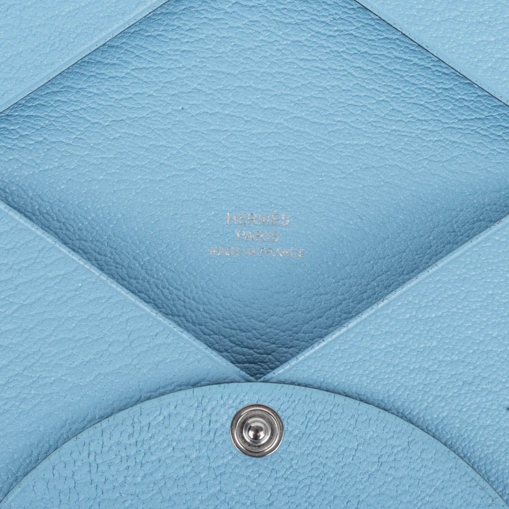 Hermes Calvi Duo Veau Epsom Card Holder Wallet Blue Silver Celeste