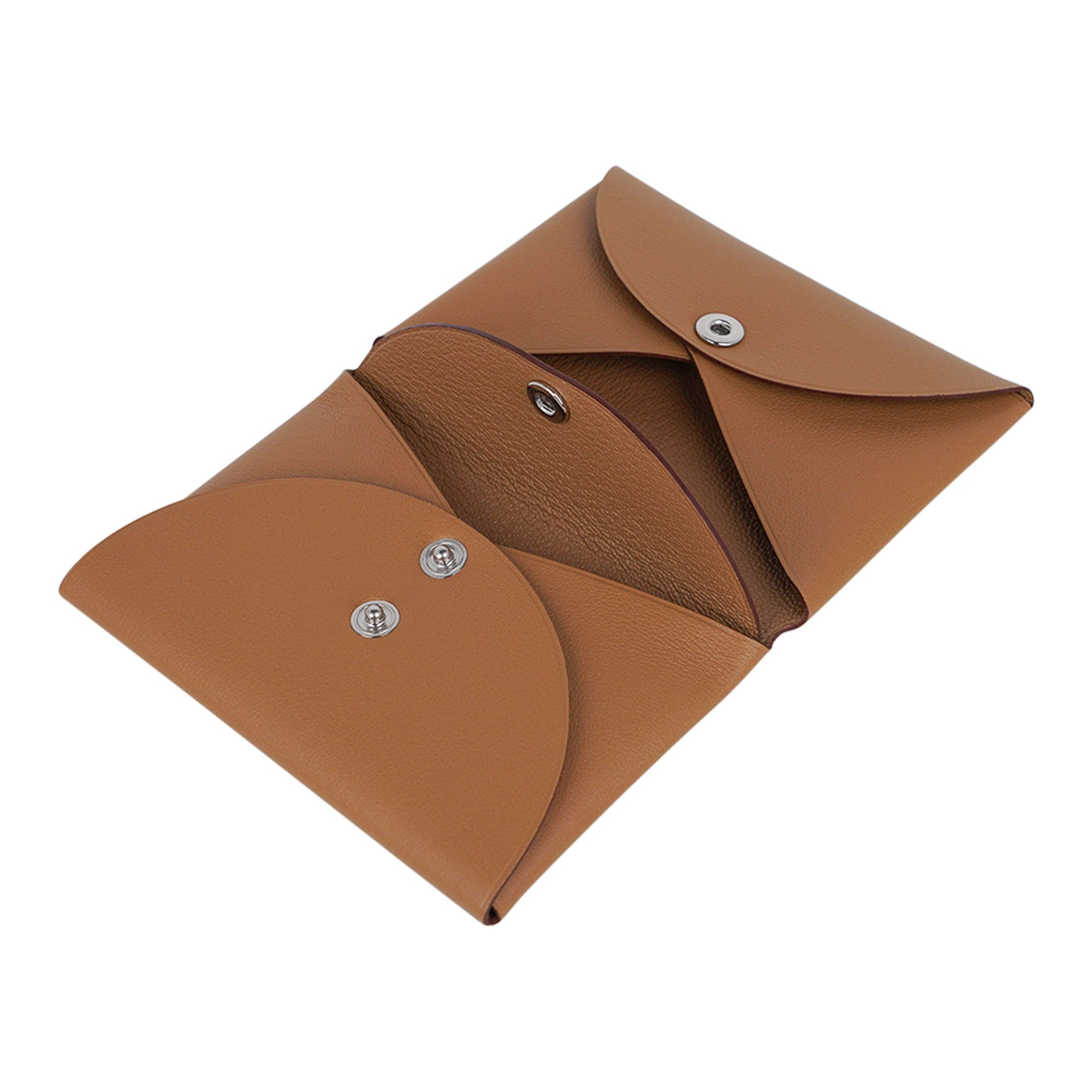 Hermes Calvi Duo Card Holder In Gold, Brown Epsom Leather, Brand