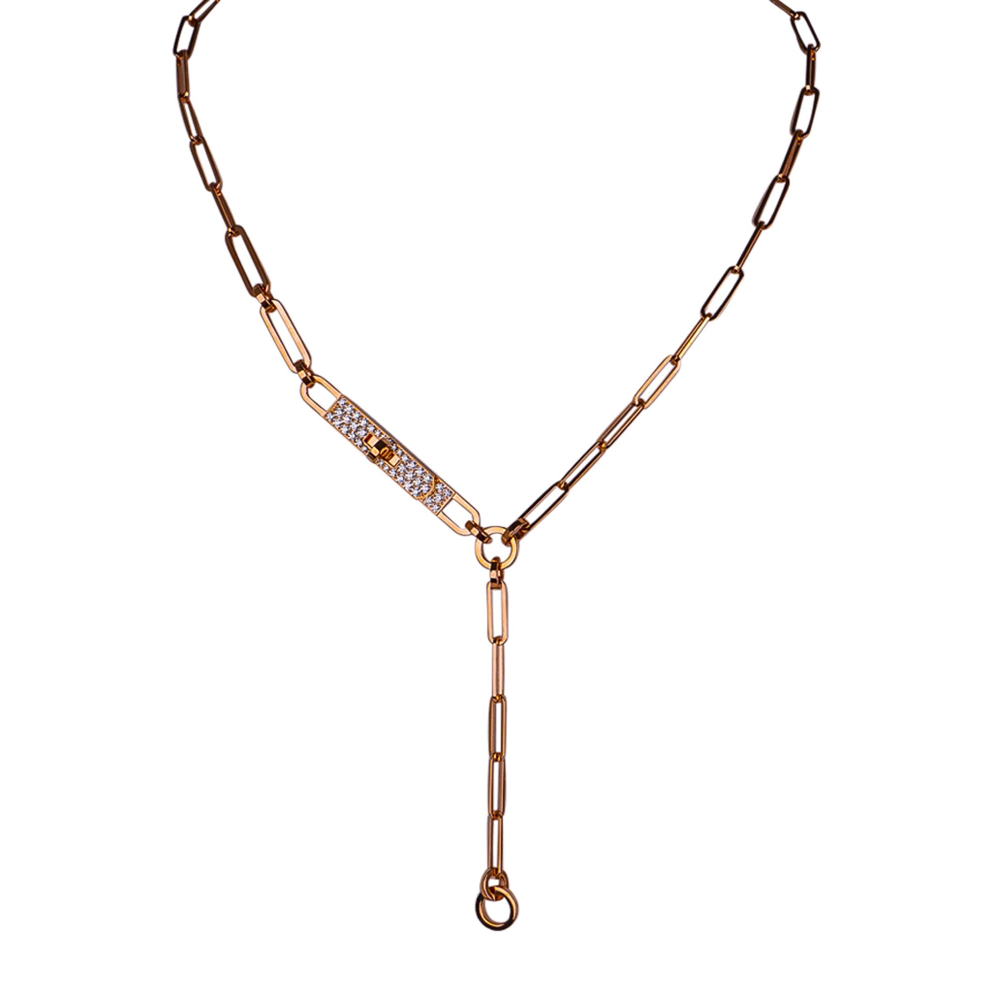 Hermes Kelly Chaine Lariat Necklace Diamond 18K Rose Gold Small