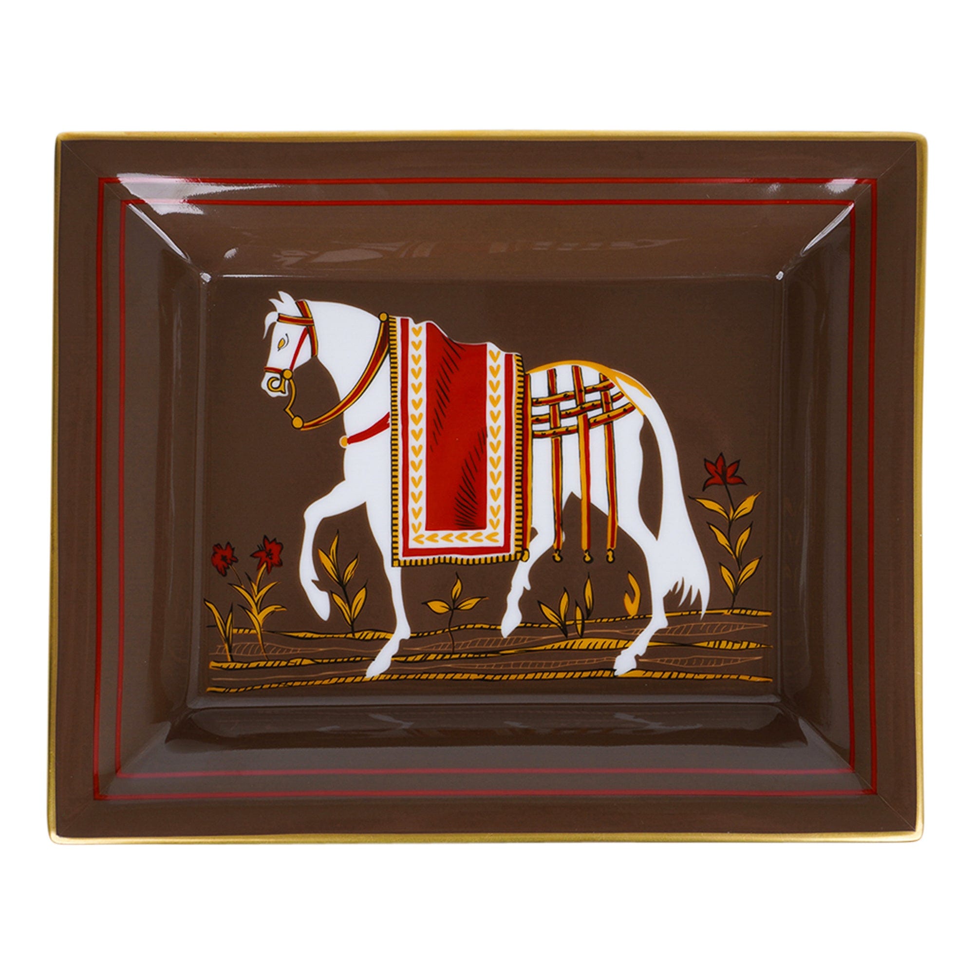 Hermes Equestrian Brown / White Limoges Porcelain Change Tray