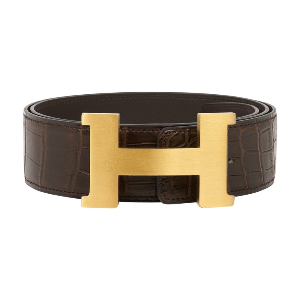 Hermes Constance Havane Matte Porosus Crocodile 42 mm Belt Brushed Gold 85 New