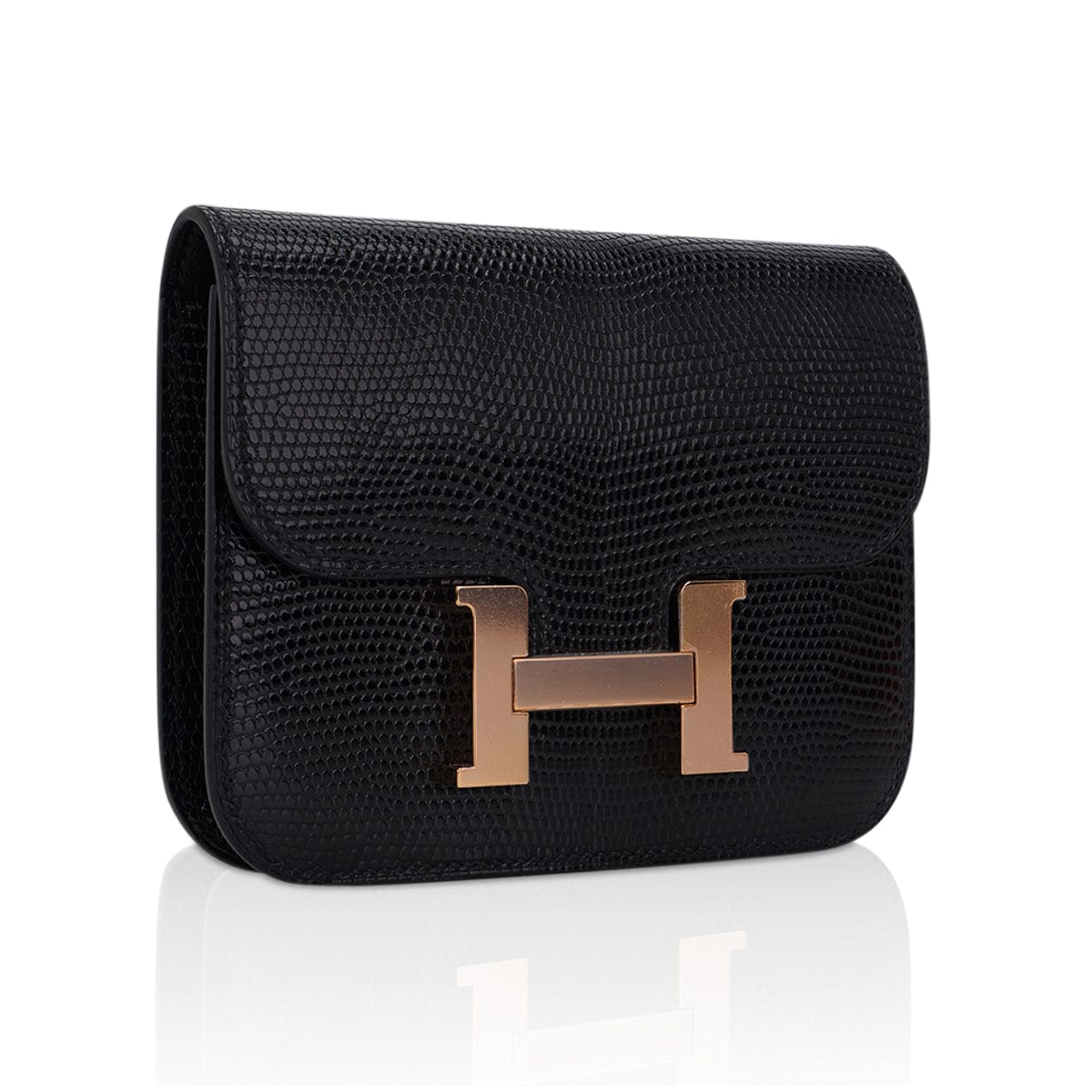 Hermes Constance Slim Wallet Belt Bag Black Lizard Rose Gold