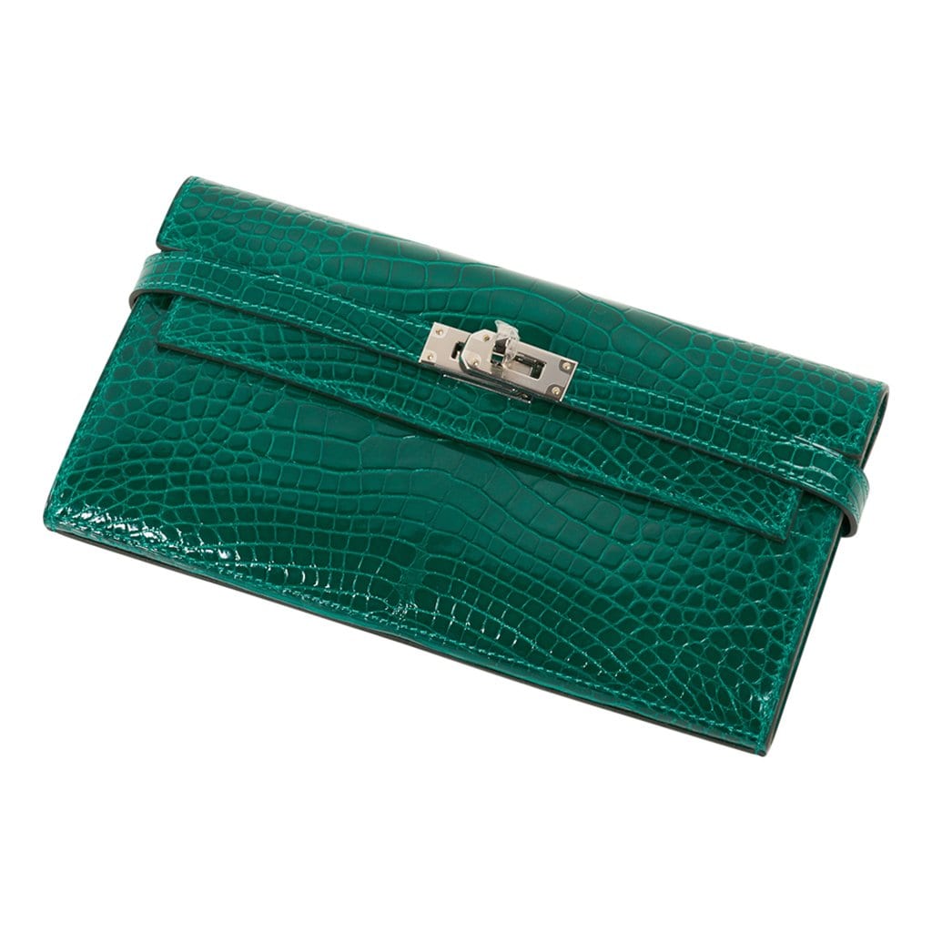 Hermes Kelly Classic Ghillies Wallet Shiny Alligator Cactus Green Croc  Clutch