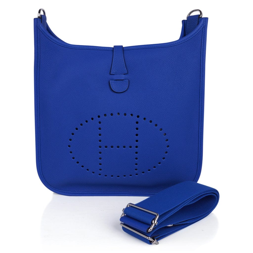 Hermes Blue Agate Clemence Leather Evelyne PM II Bag - Yoogi's Closet