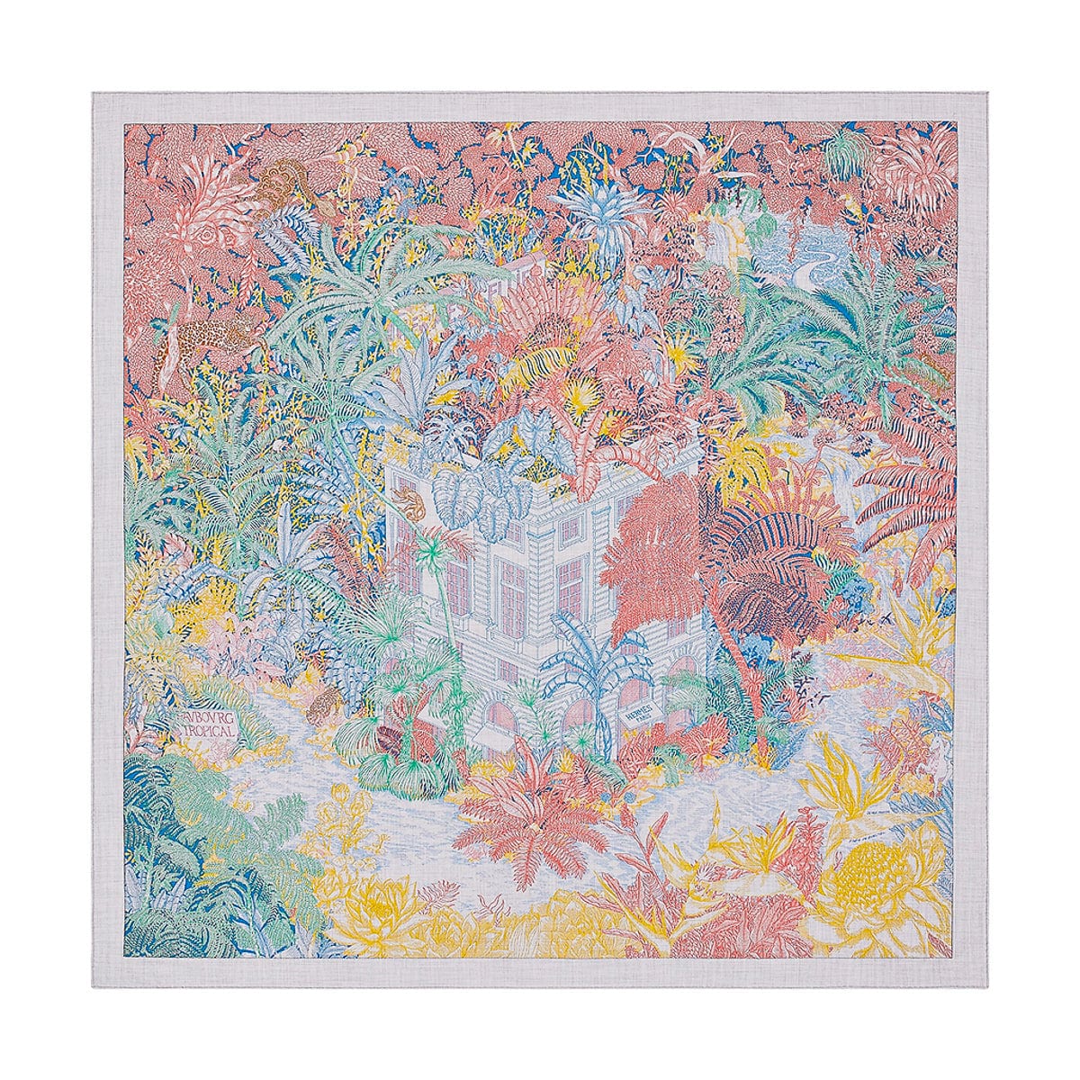 Hermes Silk & Cashmere Shawl/ Scarf 140 Faubourg Tropical Shawl Gris Chine/ Rose/ Vert