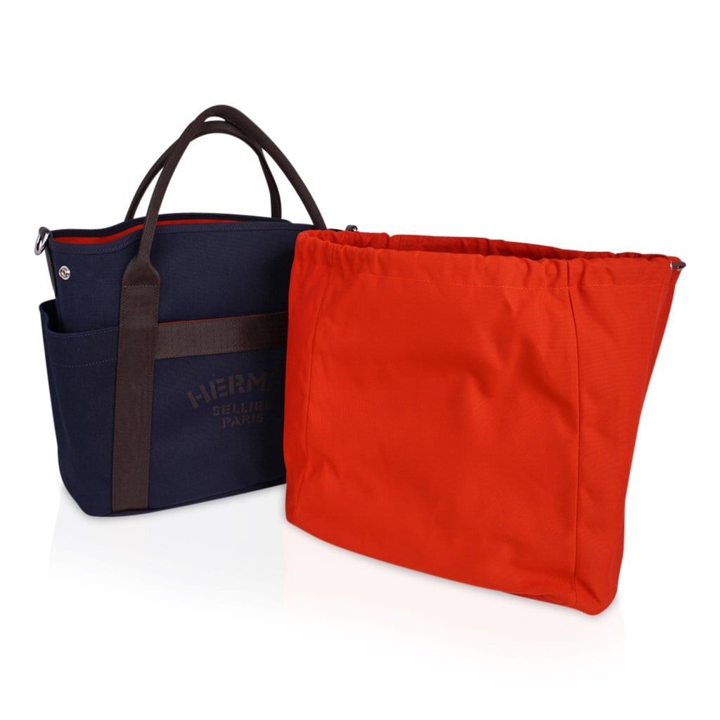 Hermes Sac De Pansage Groom Tote Bag Shoulder Canvas Leather Khaki Orange X  Engraved
