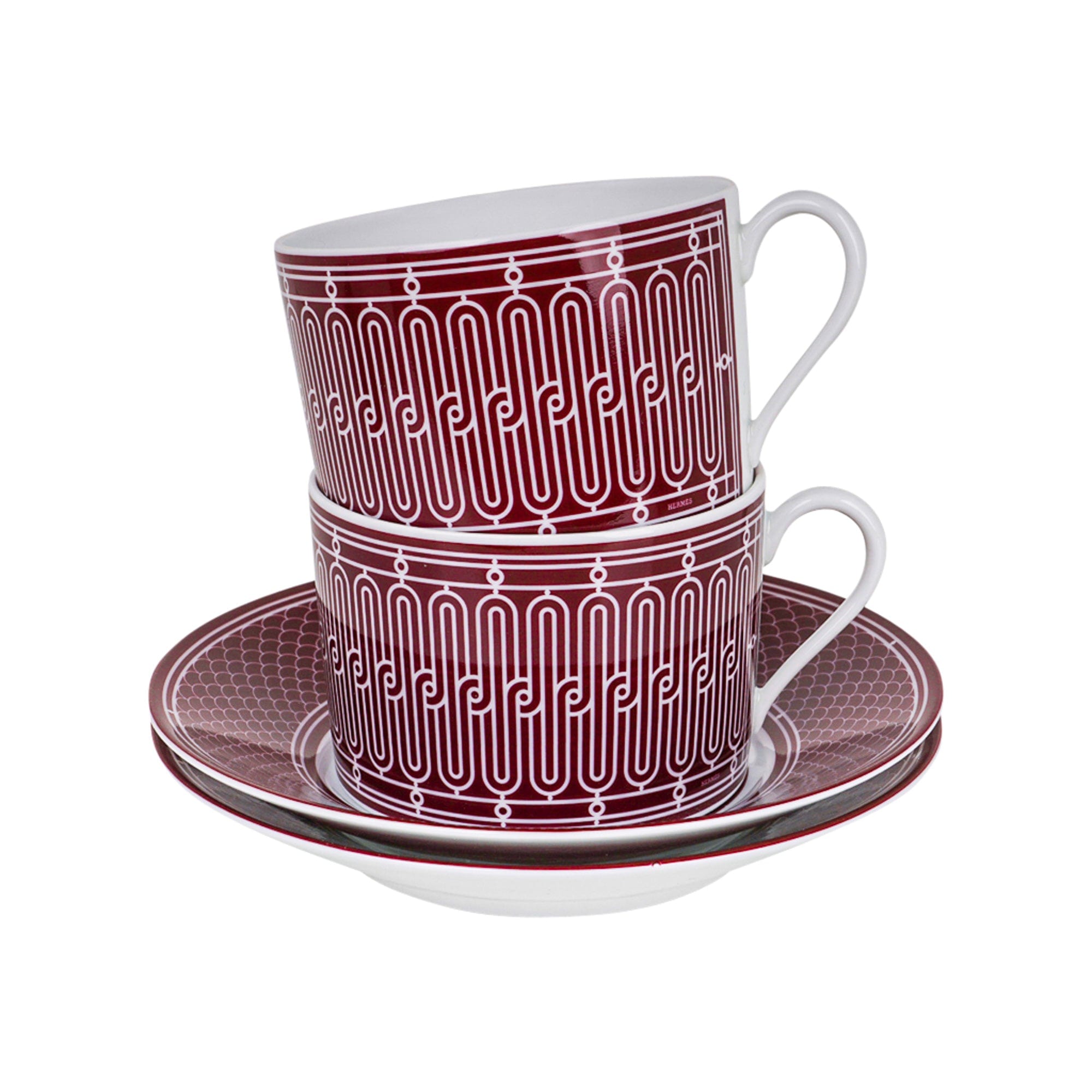 Hermes H Deco Rouge Tea Cup and Saucer Porcelain Set of 2