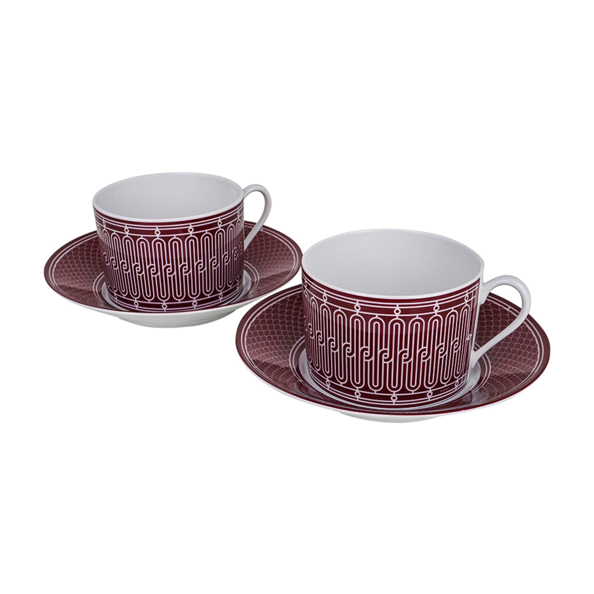 Hermes H Deco Rouge Tea Cup and Saucer Porcelain Set of 2