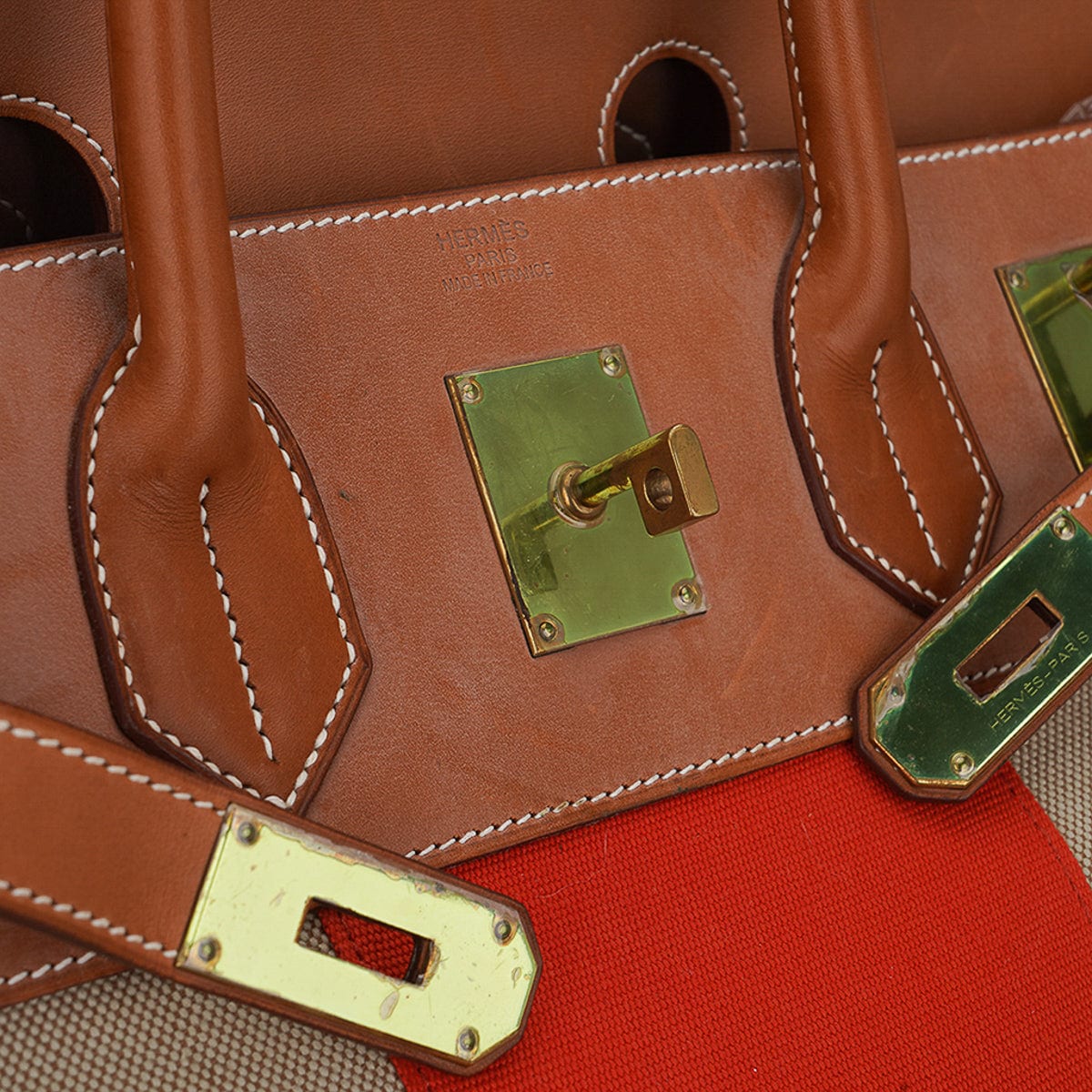 Hermes Limited Edition HAC Birkin 40 Bag Flag Paprika Orange, Ficelle Toile & Barenia Leather with Brass Hardware