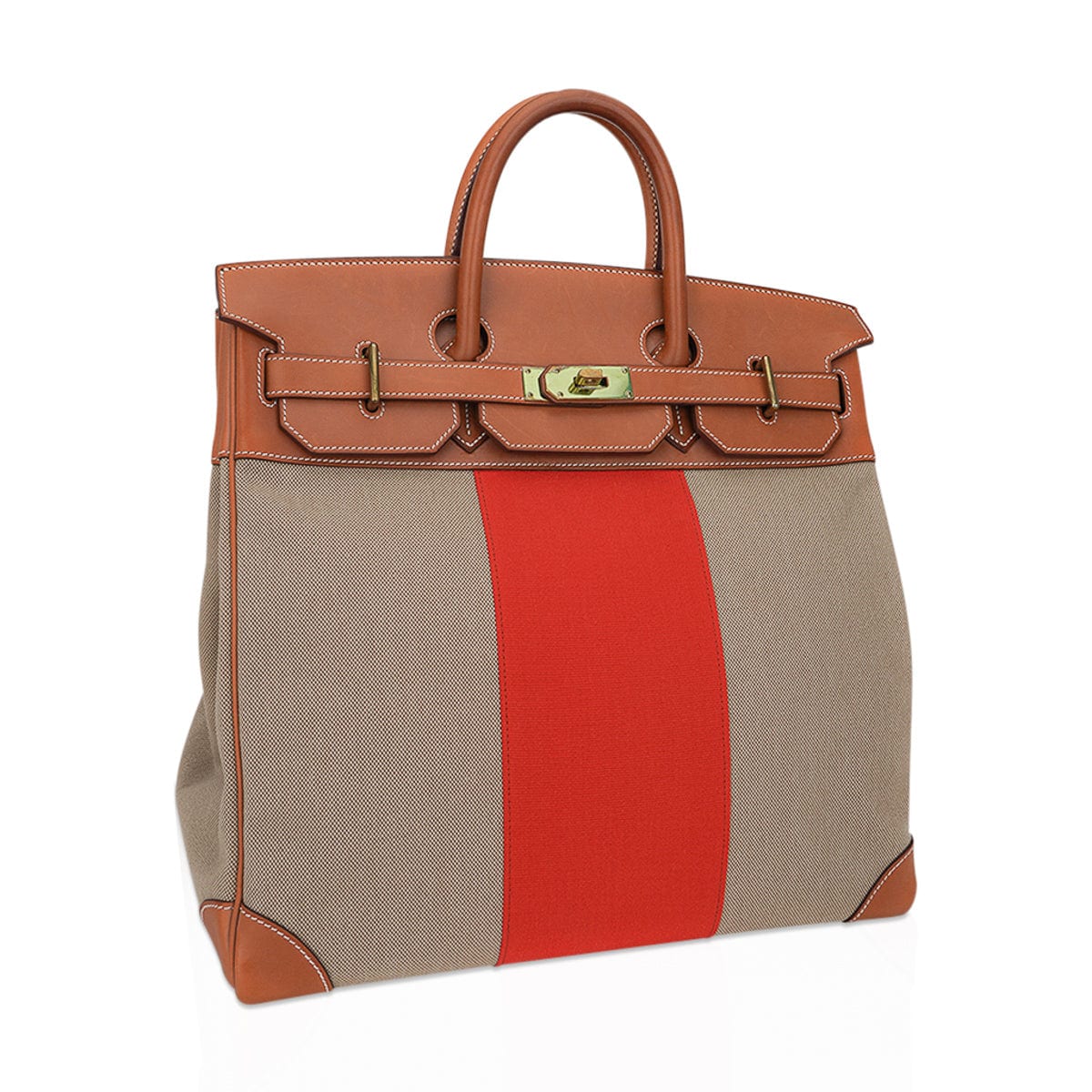 Hermes Limited Edition HAC Birkin 40 Bag Flag Paprika Orange, Ficelle Toile & Barenia Leather with Brass Hardware
