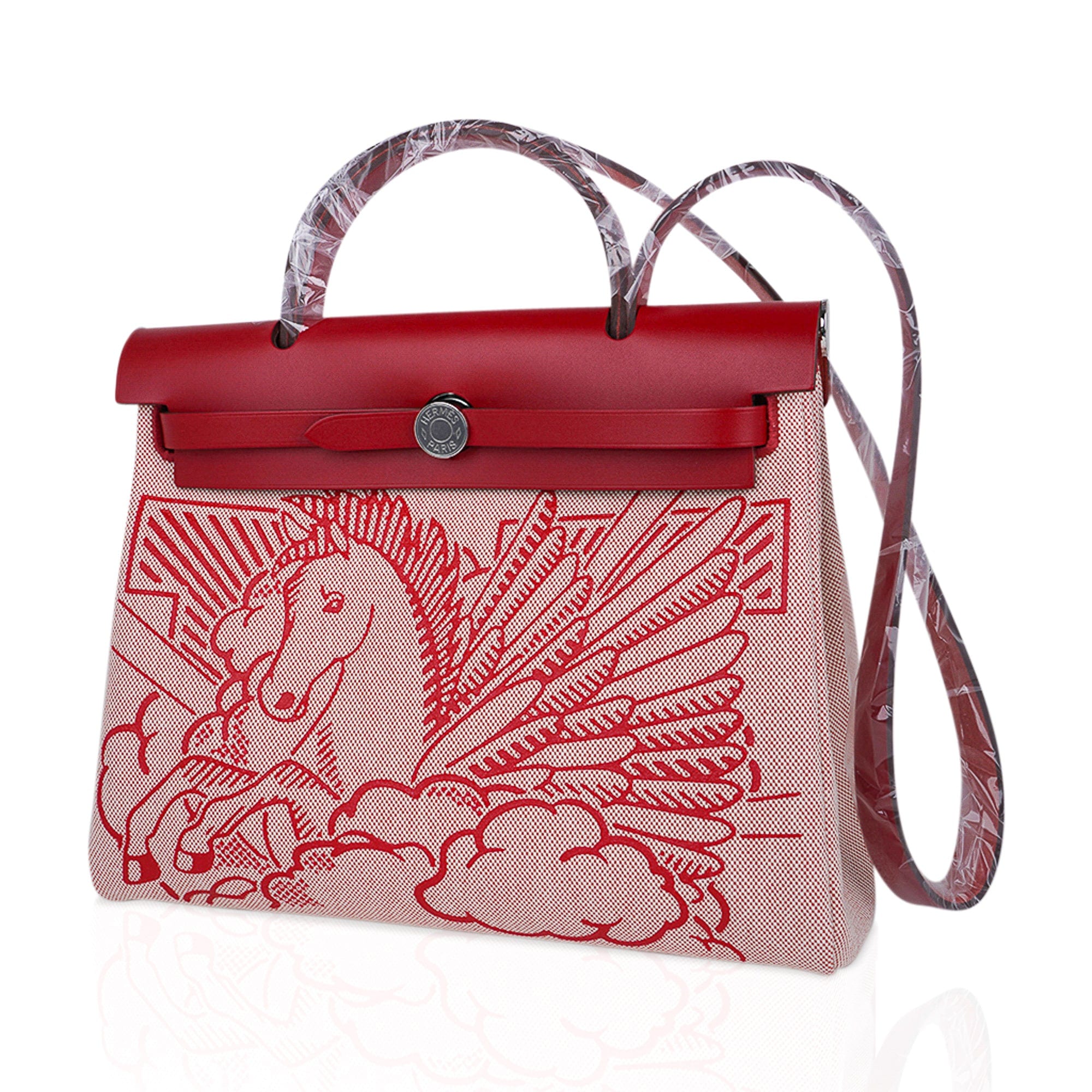 Hermes Herbag Bag Pegasus Canvas Palladium Hardware In Red